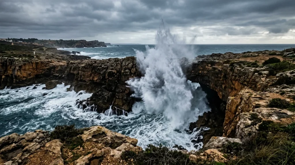 Waves exploding through the Boca do Inferno sea arch on the Cascais coast