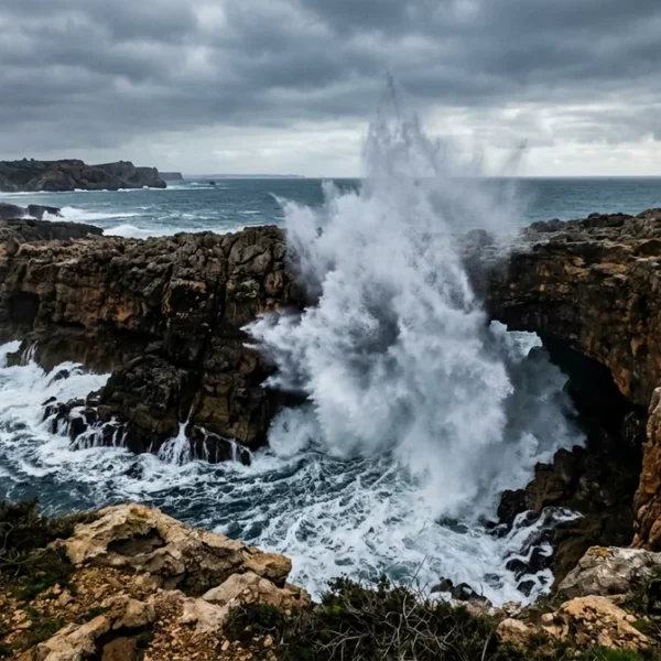 Waves exploding through the Boca do Inferno sea arch on the Cascais coast