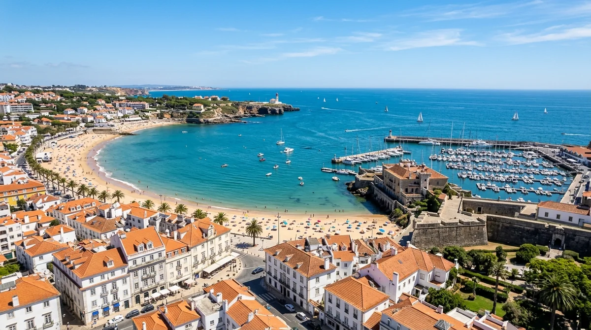 Cascais bay and its town beaches on a bright summer day