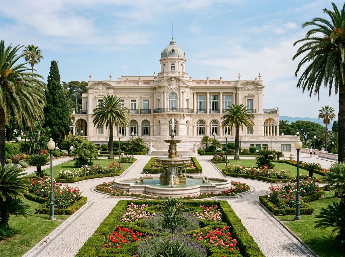 The landscaped Parque do Estoril gardens with fountains and palms