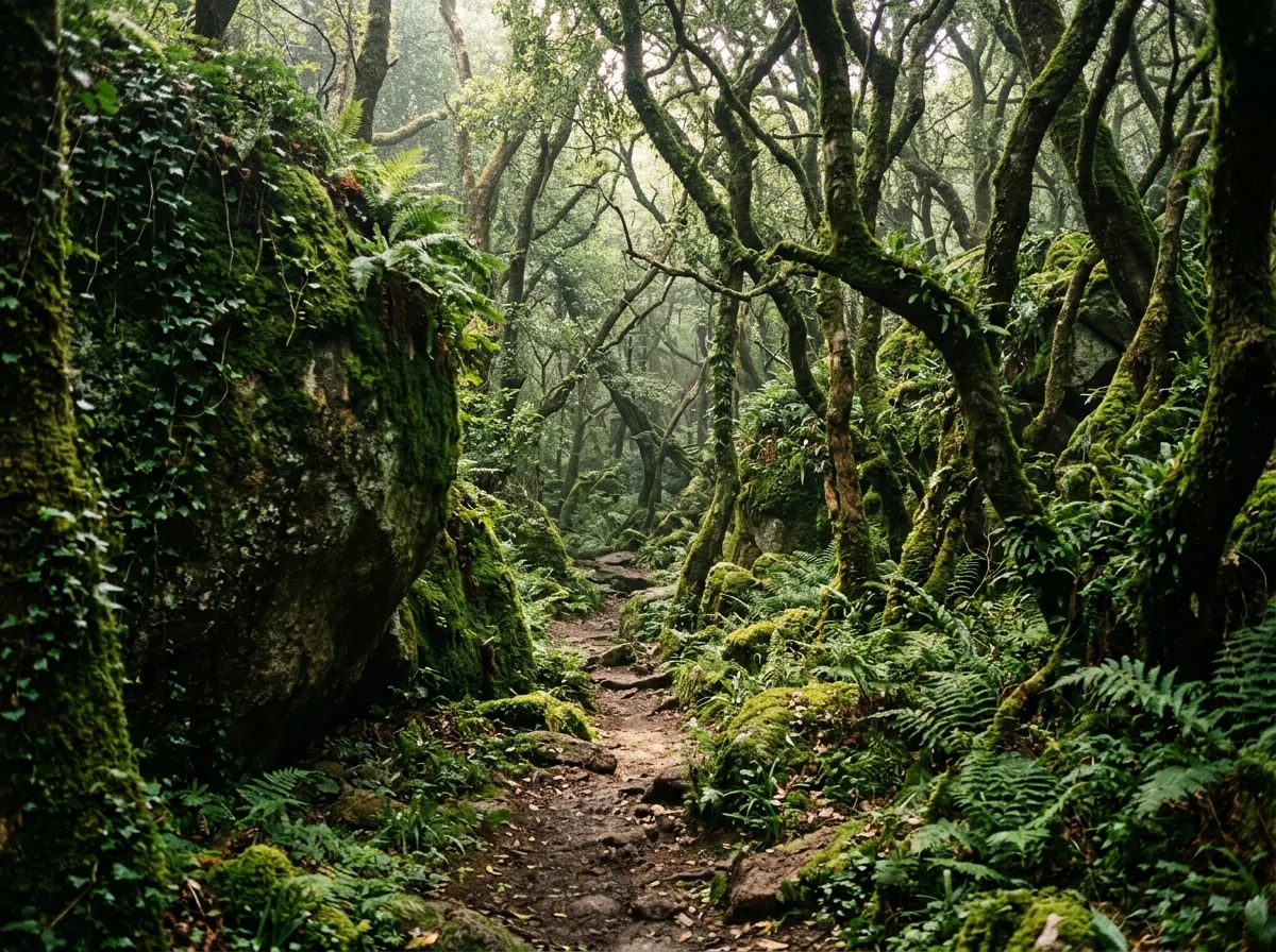 A forest trail among granite boulders leading to Convento dos Capuchos in Sintra