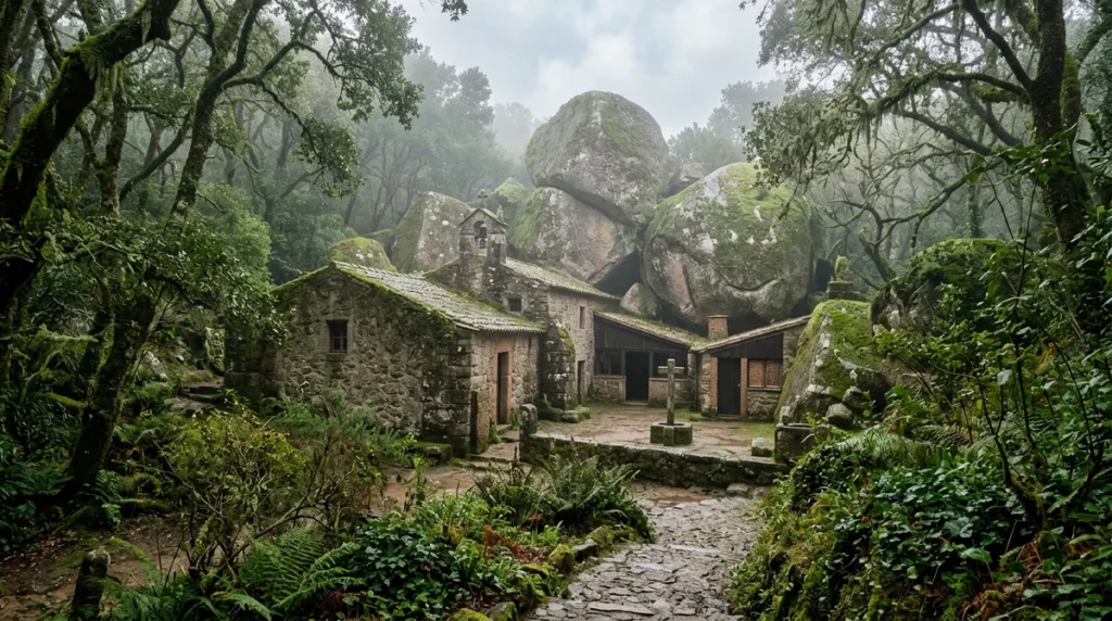 The moss-covered Convento dos Capuchos among granite boulders in the Sintra forest