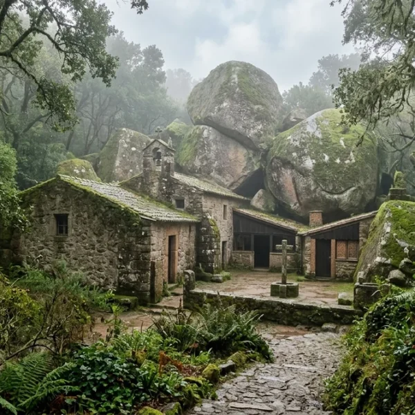 The moss-covered Convento dos Capuchos among granite boulders in the Sintra forest