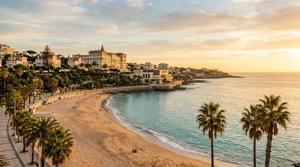 The Estoril seafront and Tamariz bay on the Portuguese Riviera at golden hour