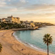 The Estoril seafront and Tamariz bay on the Portuguese Riviera at golden hour