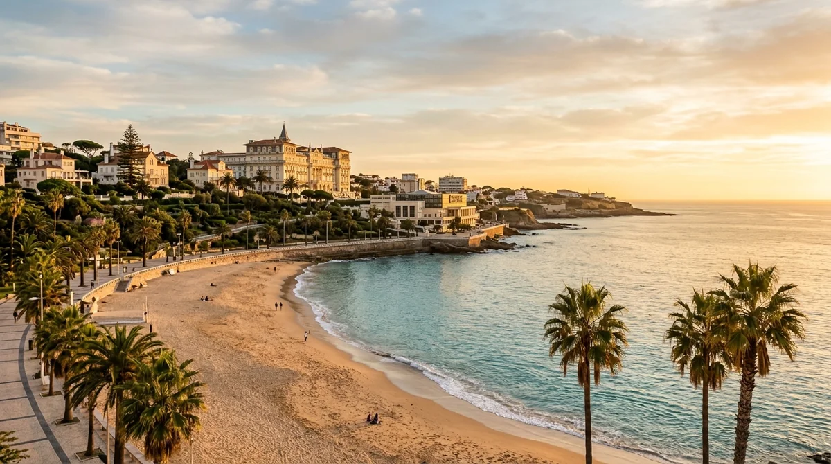 The Estoril seafront and Tamariz bay on the Portuguese Riviera at golden hour