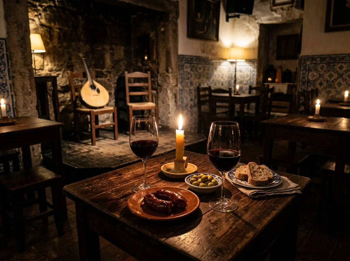 A candlelit table in a Lisbon casa de fado