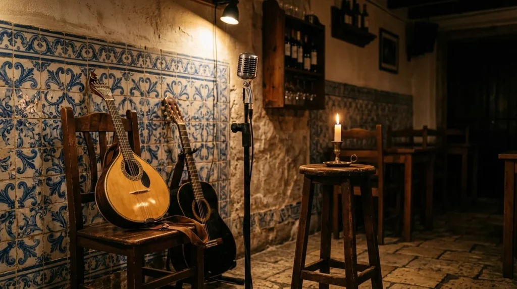 A Portuguese guitar and microphone in a candlelit Lisbon fado house