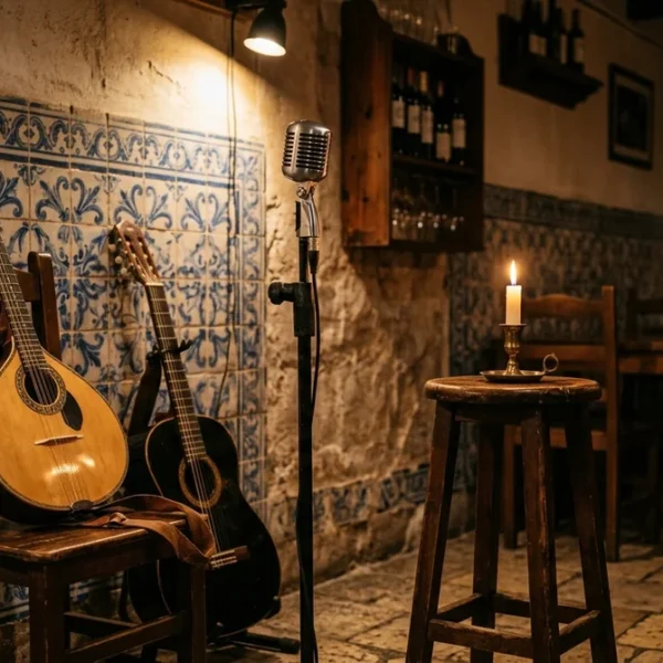 A Portuguese guitar and microphone in a candlelit Lisbon fado house