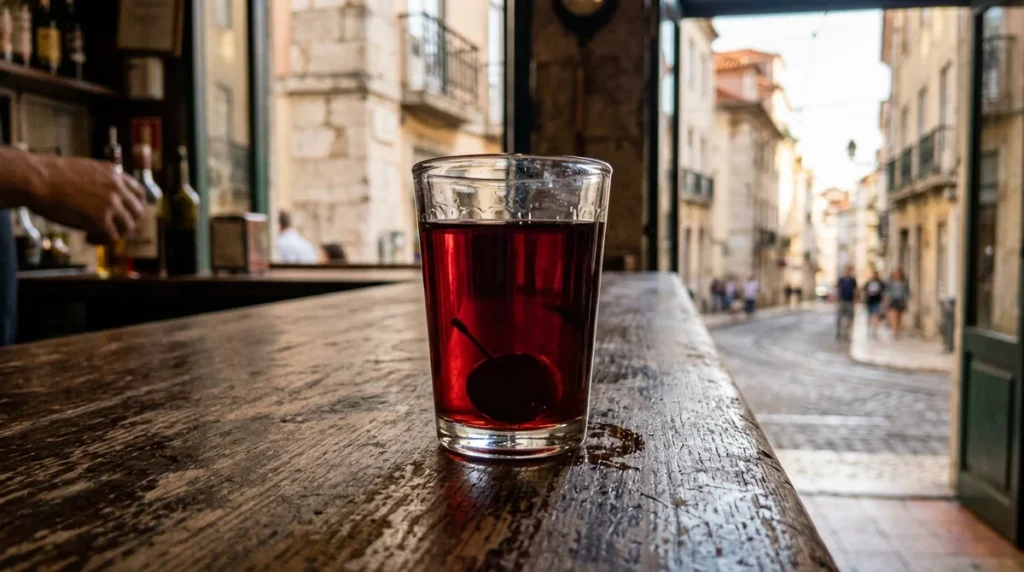 A glass of deep-red ginjinha with a soaked cherry on a Lisbon bar counter