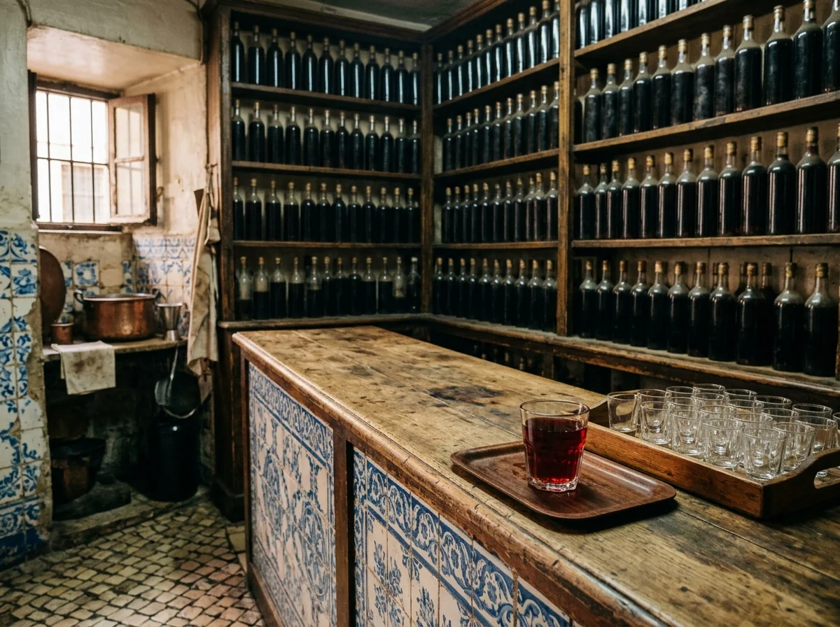 The counter of a tiny traditional ginjinha bar in Lisbon