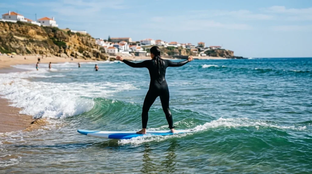 A beginner riding their first small green wave on a soft board near Lisbon