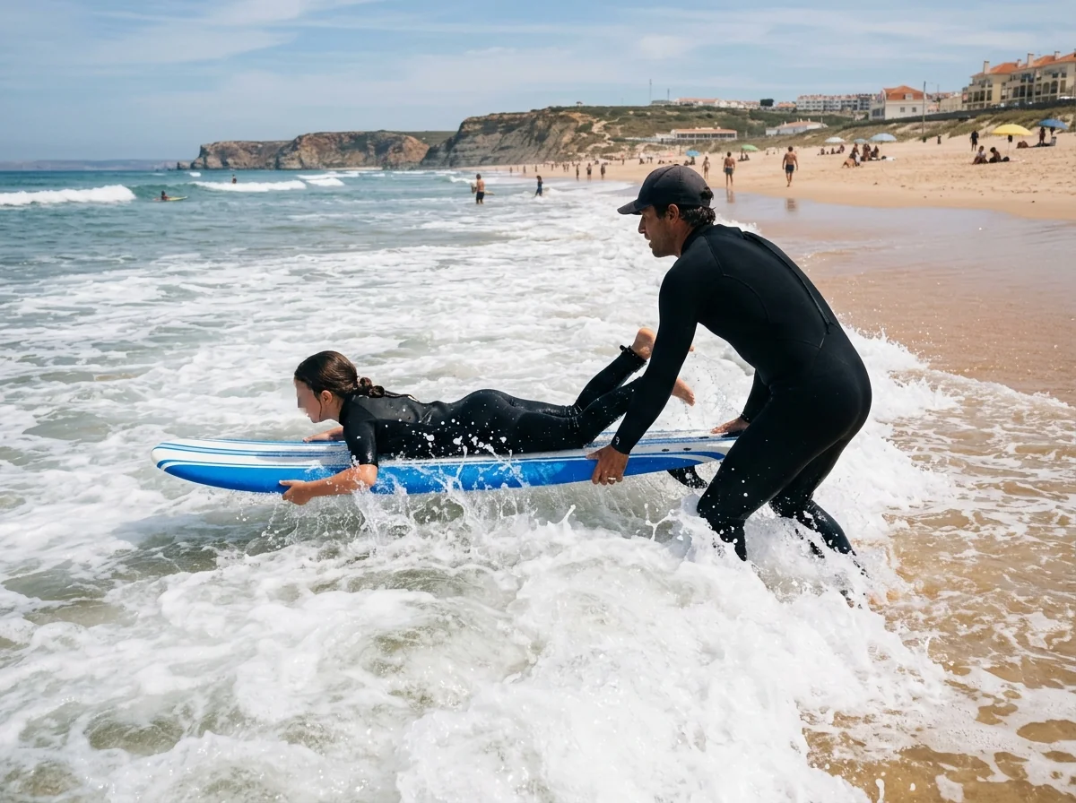 A surf instructor guiding a learner into a white-water wave near Lisbon