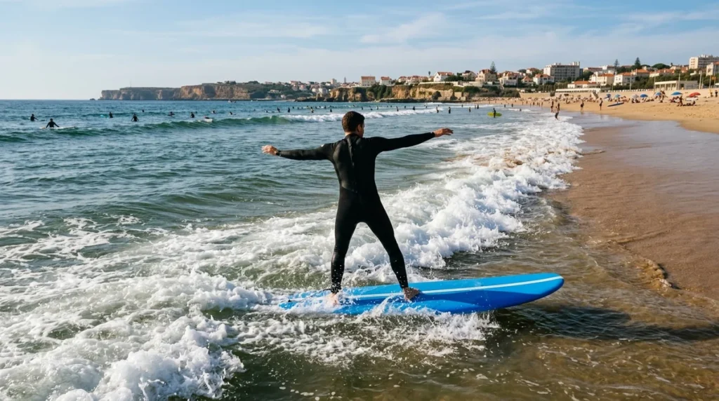 A beginner riding white-water on a soft surfboard at a sandy beach near Lisbon
