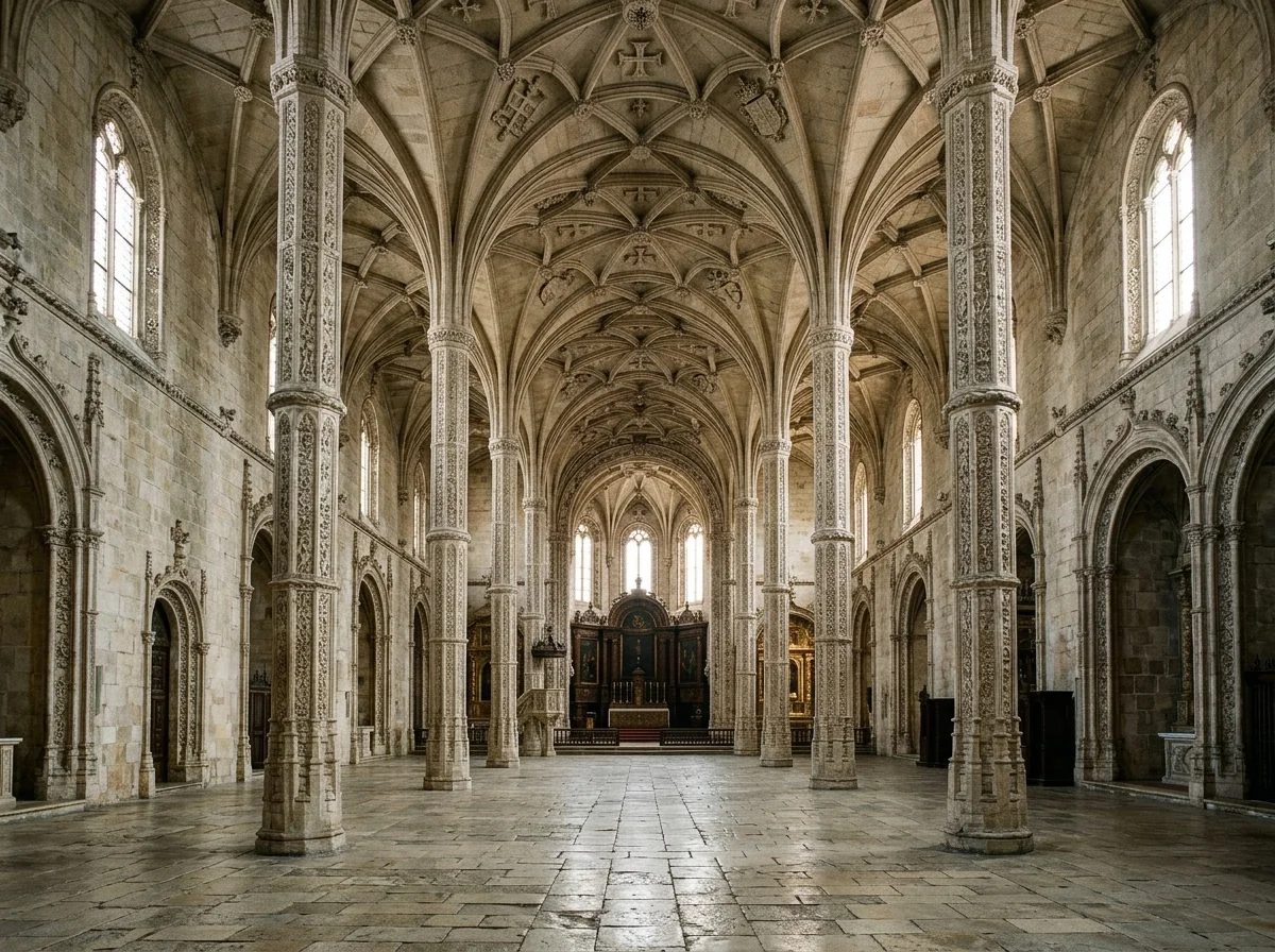 The vaulted ceiling and palm-like columns inside the Jeronimos Monastery church