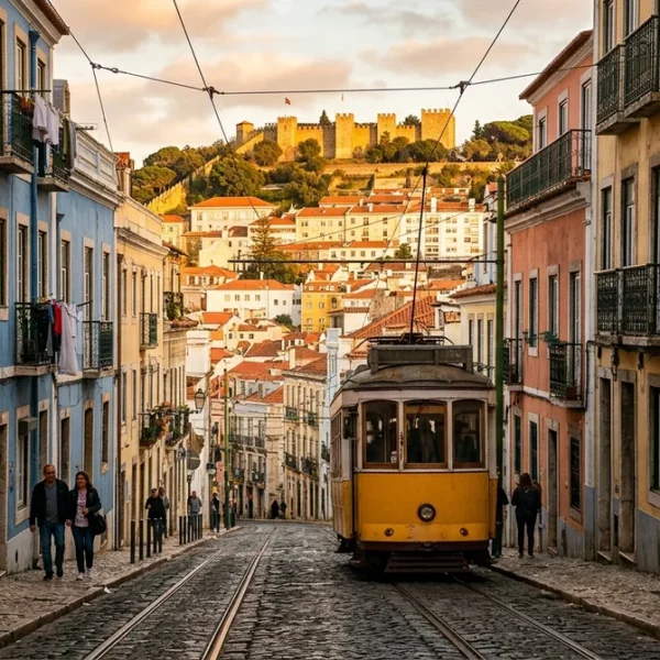 A yellow tram on a steep Lisbon street below Sao Jorge Castle, a classic sightseeing day