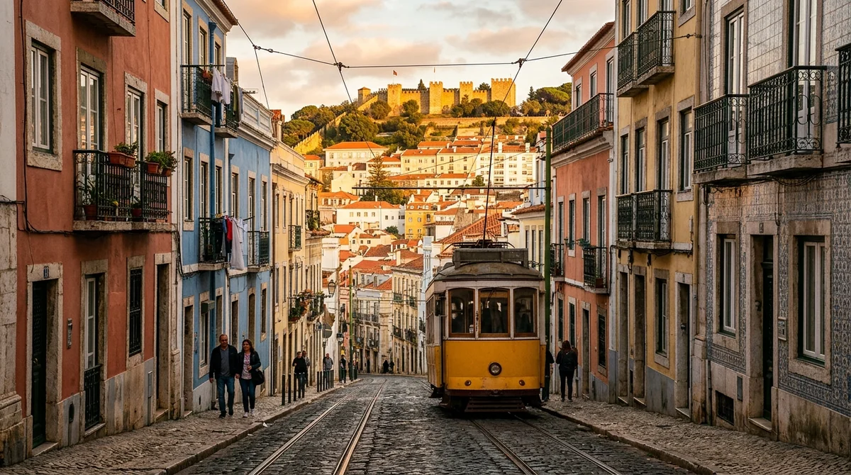 A yellow tram on a steep Lisbon street below Sao Jorge Castle, a classic sightseeing day