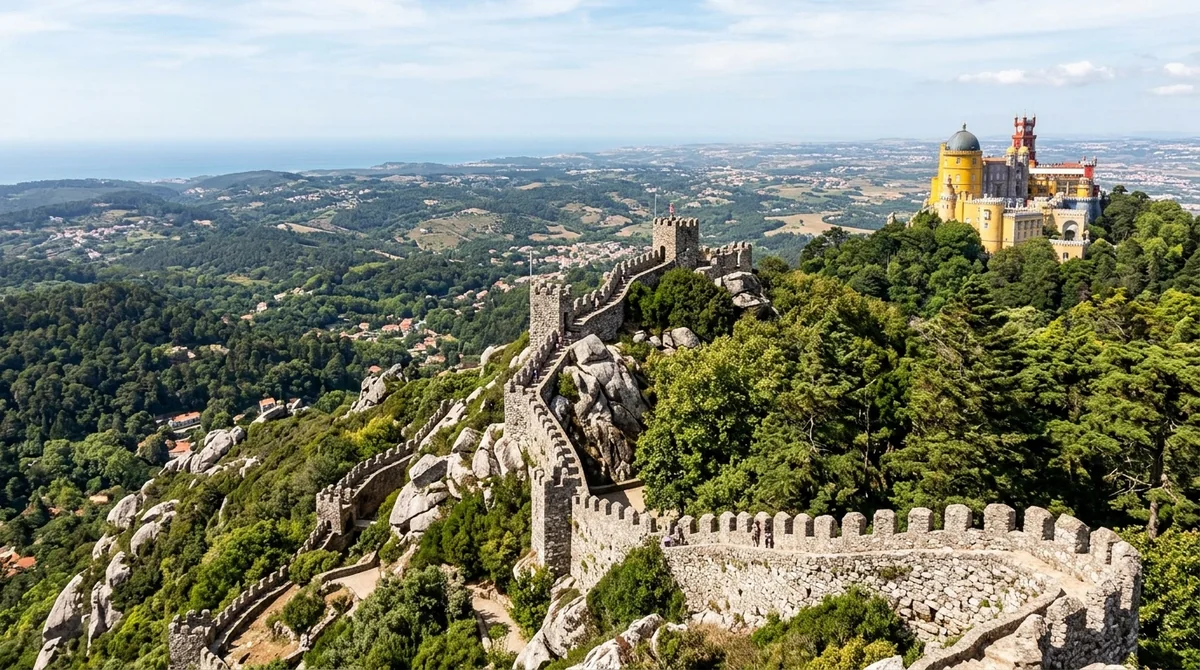 The ramparts of the Castle of the Moors along the Sintra ridge with Pena Palace beyond