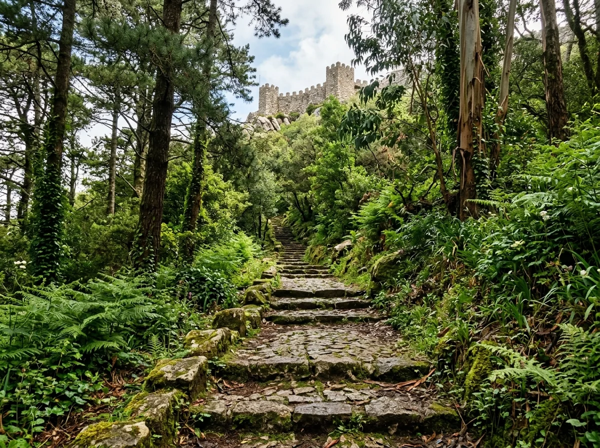 A steep forest trail climbing to the Castle of the Moors in Sintra