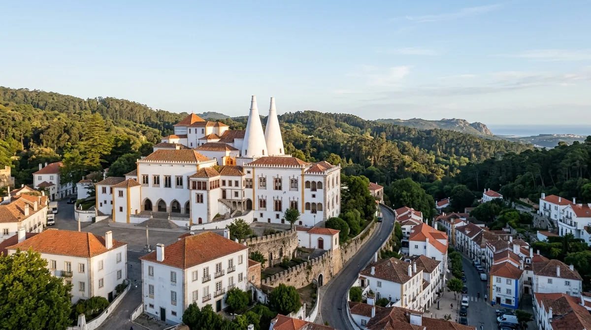The twin white chimneys of the National Palace of Sintra above the town centre