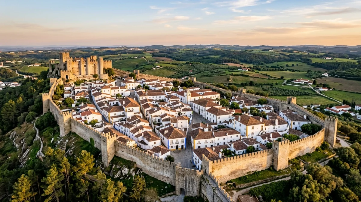 The walled town and castle of Obidos, Portugal, at golden hour