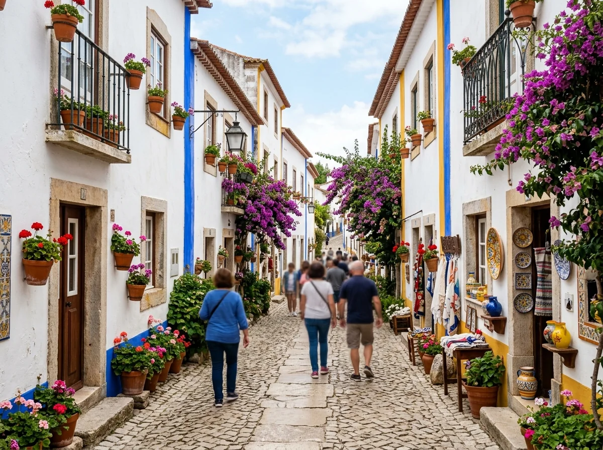 Rua Direita, the cobbled main street of Obidos with flower-trimmed houses