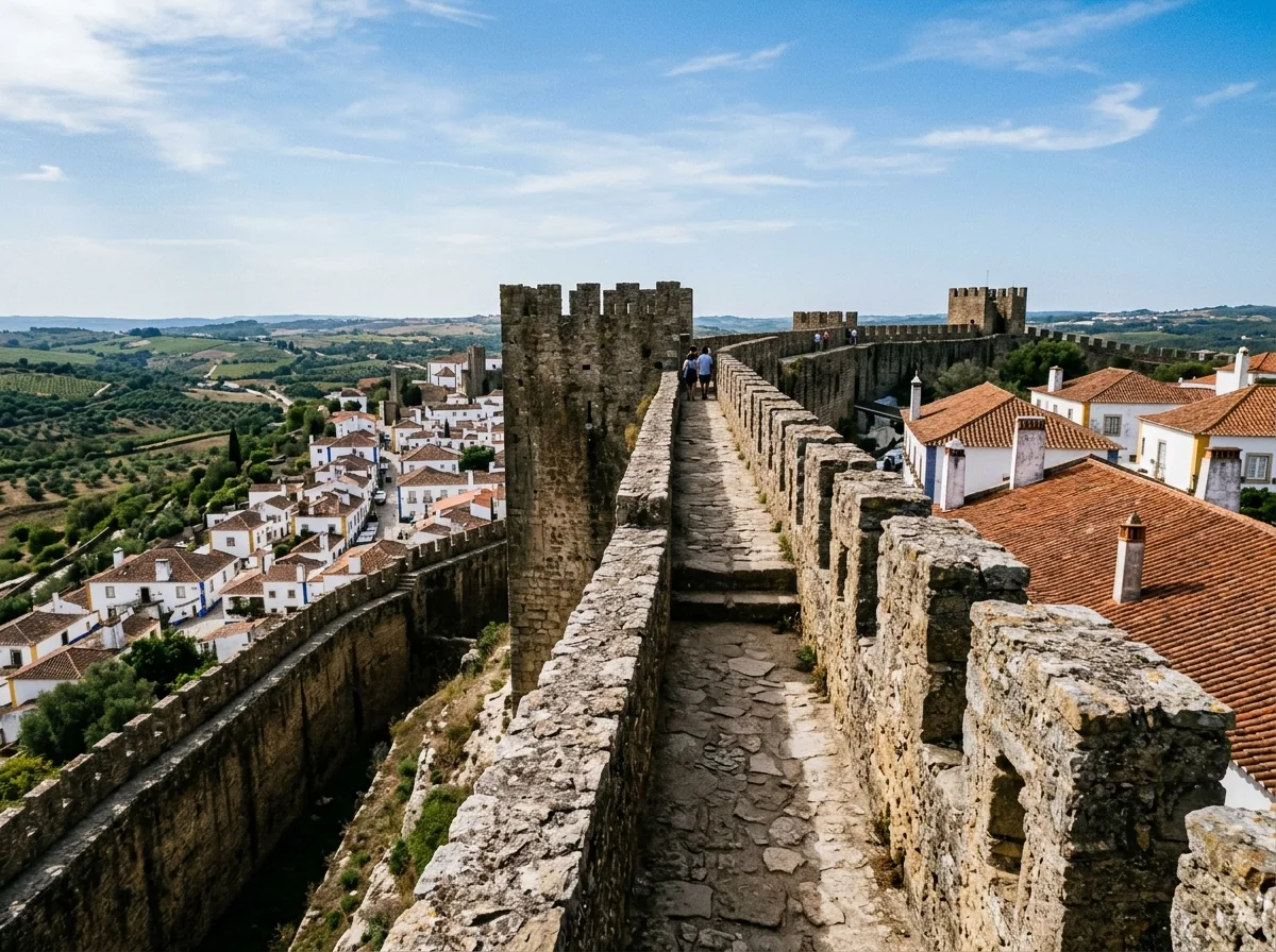 The narrow walkway atop the medieval walls of Obidos with a sheer drop