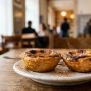 Two Pasteis de Belem custard tarts dusted with cinnamon and icing sugar