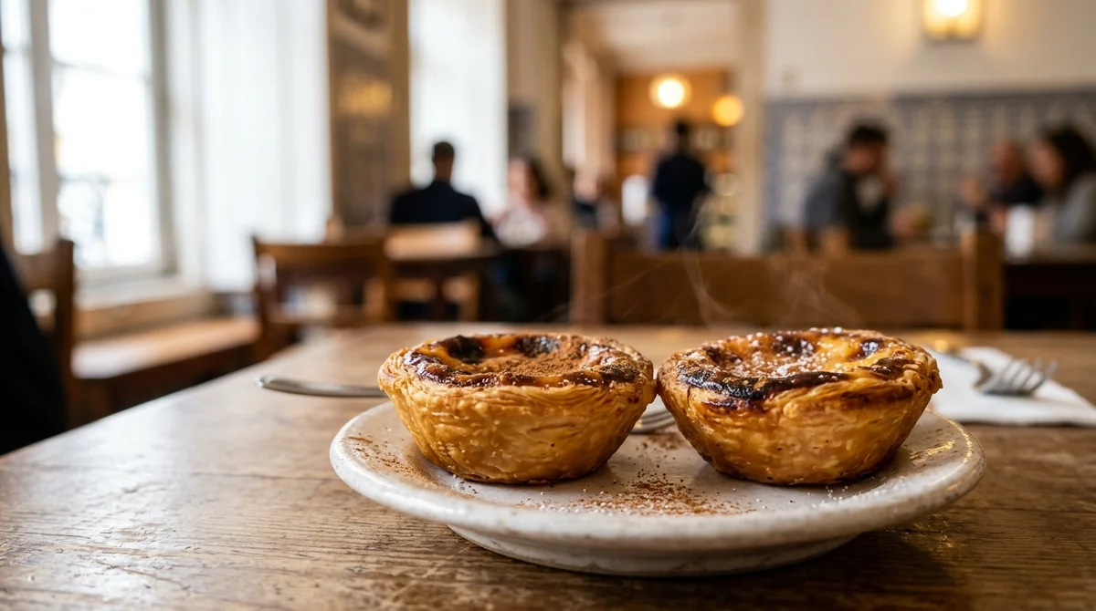 Two Pasteis de Belem custard tarts dusted with cinnamon and icing sugar