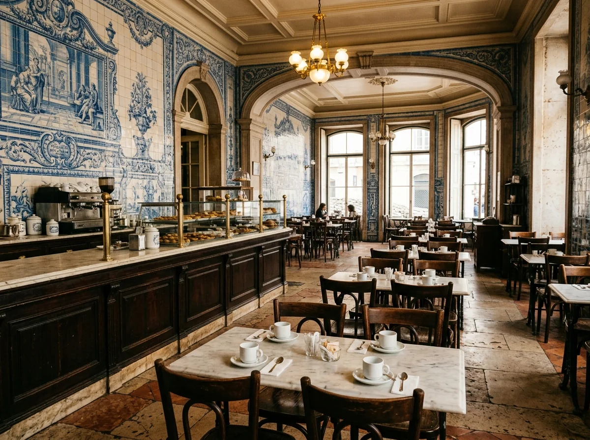 The blue and white tiled rooms inside a traditional Lisbon pastelaria