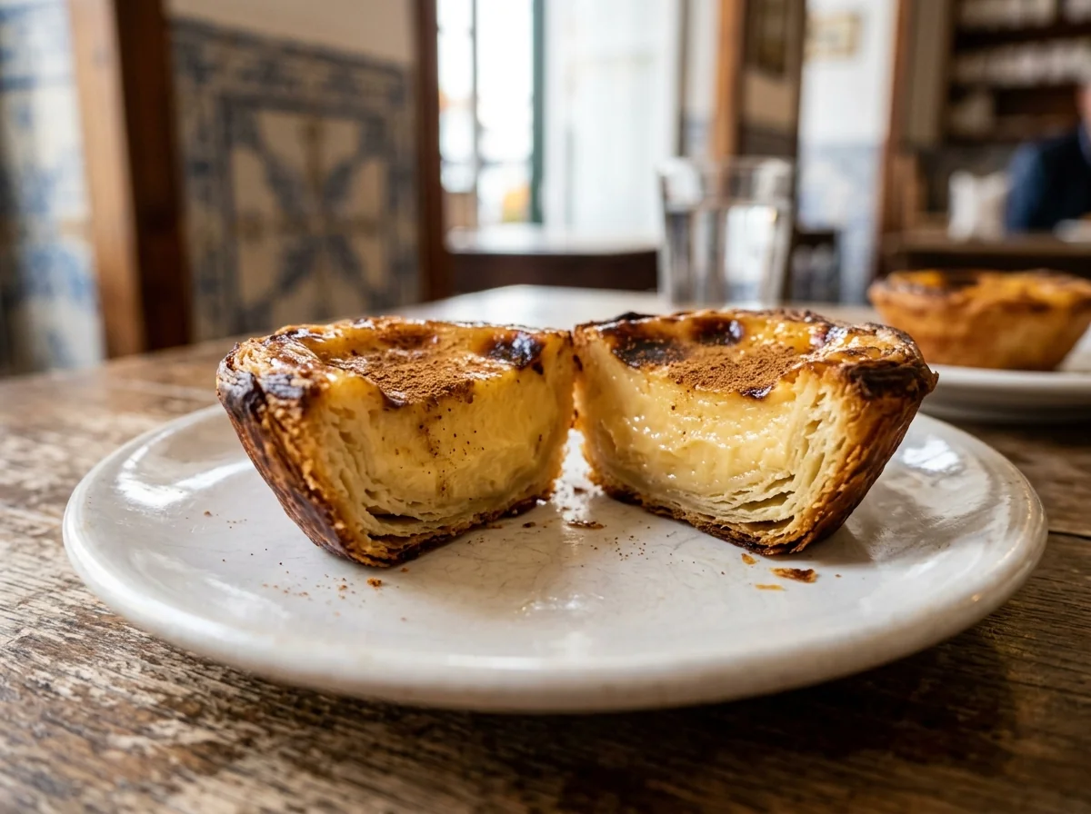 A Pastel de Belem cut open to show the flaky pastry and custard