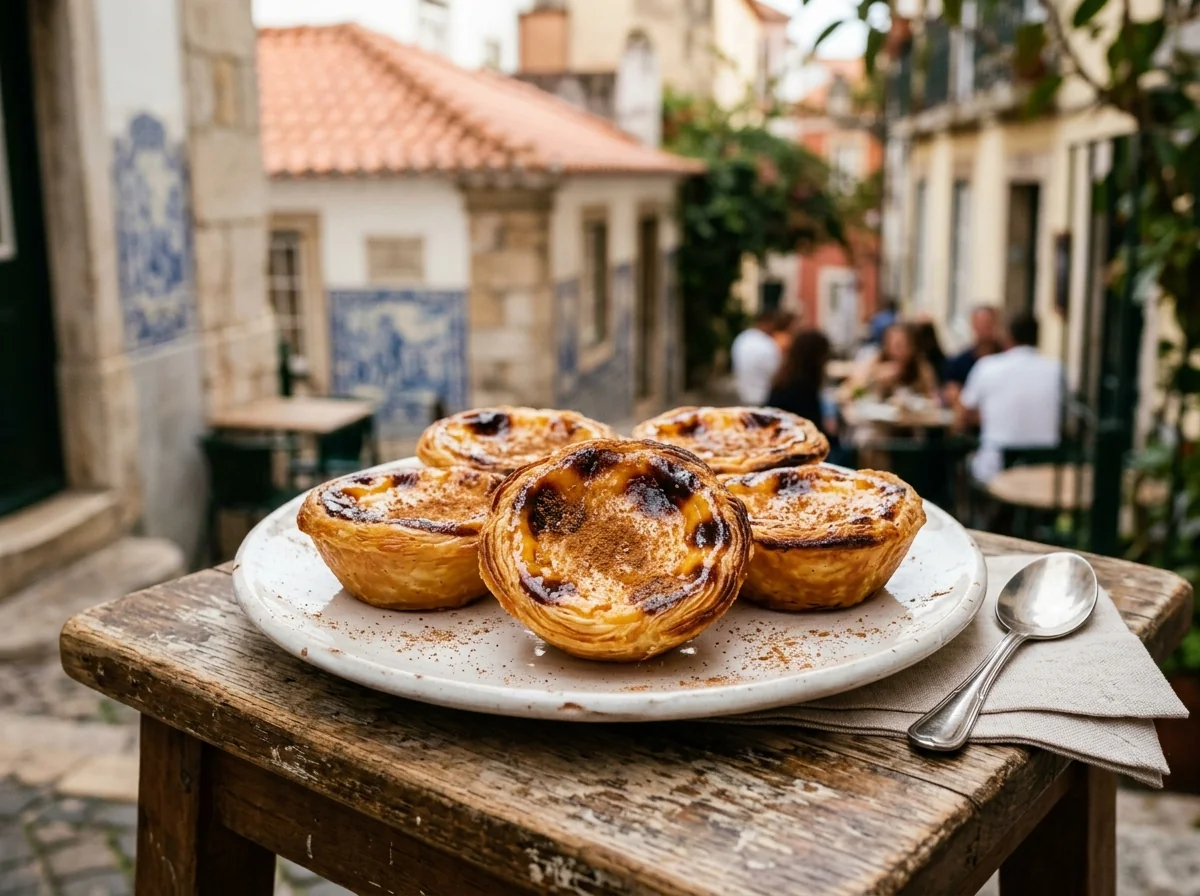 A plate of pasteis de nata dusted with cinnamon