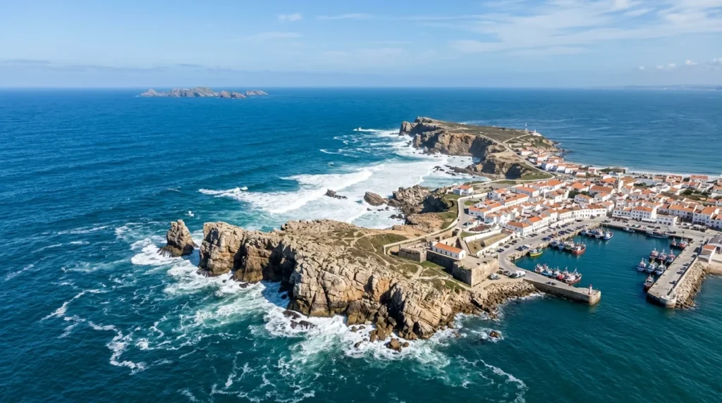 Aerial view of the Peniche peninsula, cliffs and Atlantic coast in Portugal