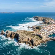 Aerial view of the Peniche peninsula, cliffs and Atlantic coast in Portugal