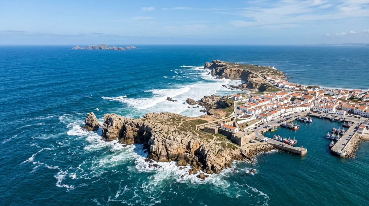 Aerial view of the Peniche peninsula, cliffs and Atlantic coast in Portugal