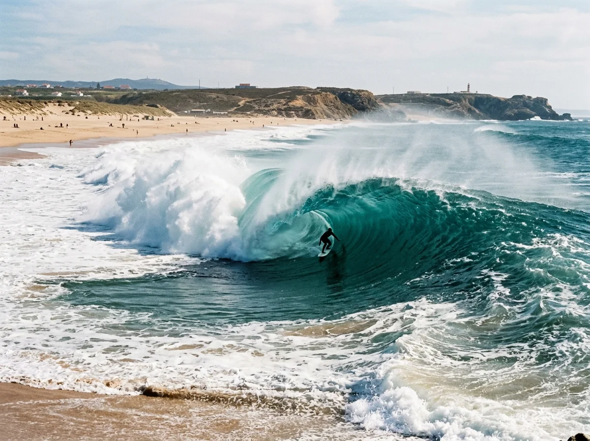 A powerful barreling wave with a distant surfer at Supertubos, Peniche