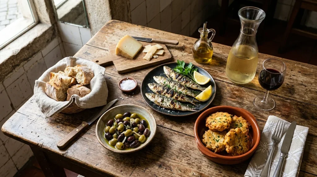 A spread of Portuguese food on a tavern table: grilled sardines, salt cod, olives, bread and wine