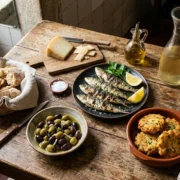 A spread of Portuguese food on a tavern table: grilled sardines, salt cod, olives, bread and wine