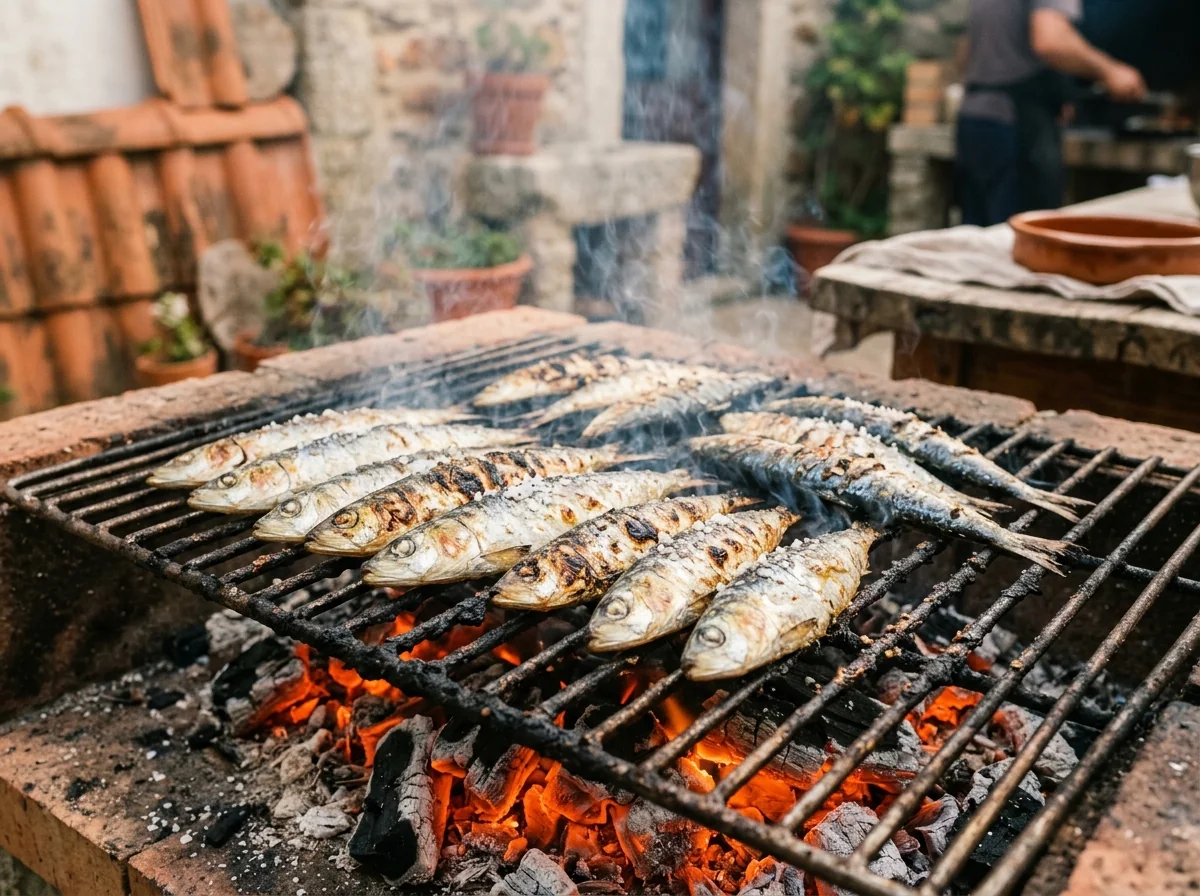 Fresh sardines grilling over charcoal, a Portuguese summer dish
