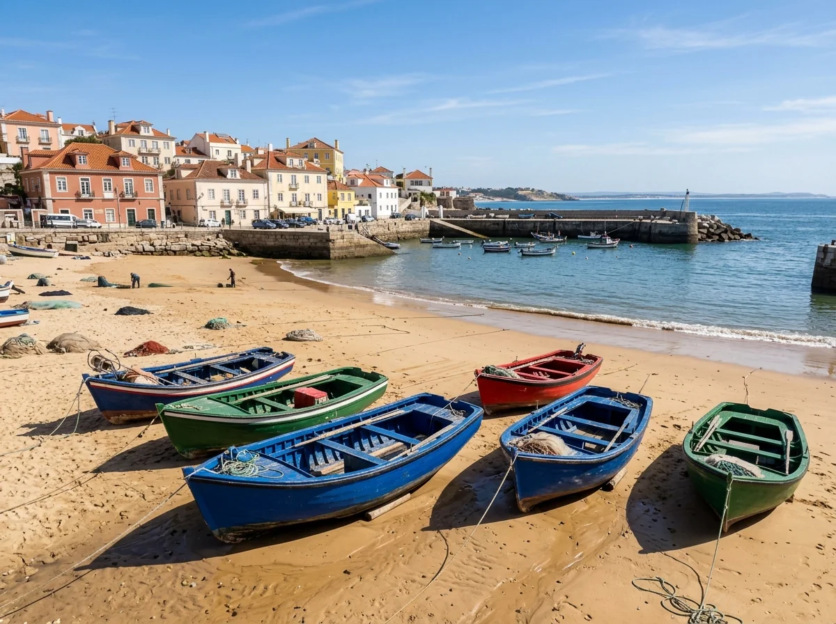 Colourful fishing boats on Praia da Ribeira beside the Cascais harbour