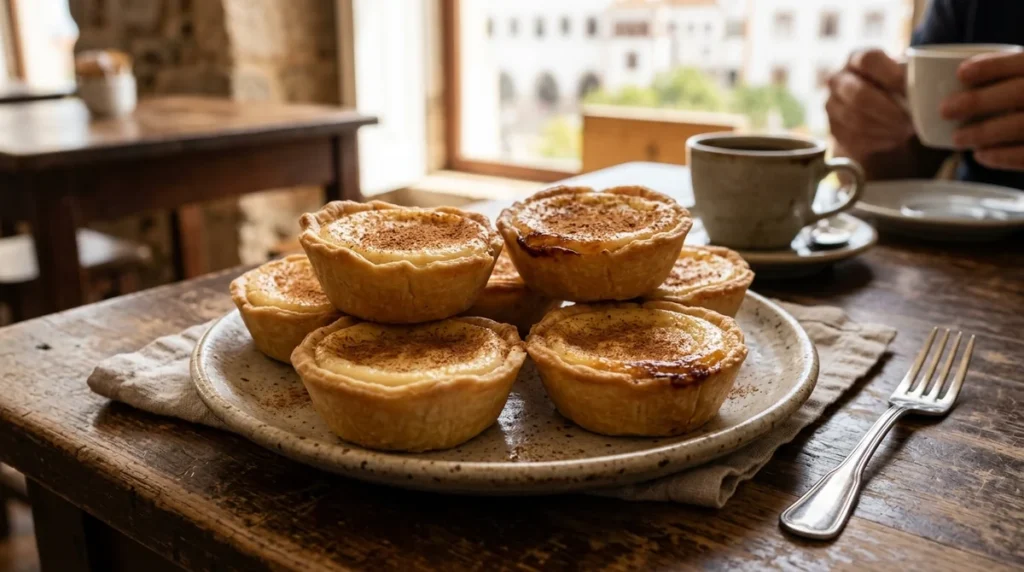 A plate of small round queijadas de Sintra cheese tarts dusted with cinnamon