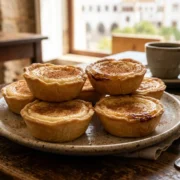 A plate of small round queijadas de Sintra cheese tarts dusted with cinnamon