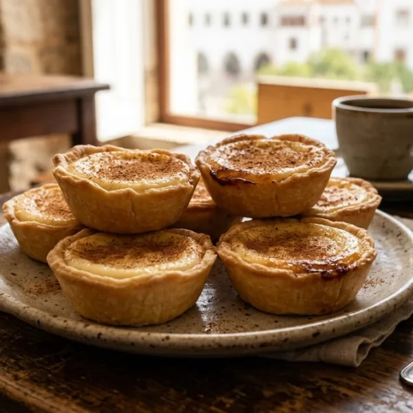 A plate of small round queijadas de Sintra cheese tarts dusted with cinnamon
