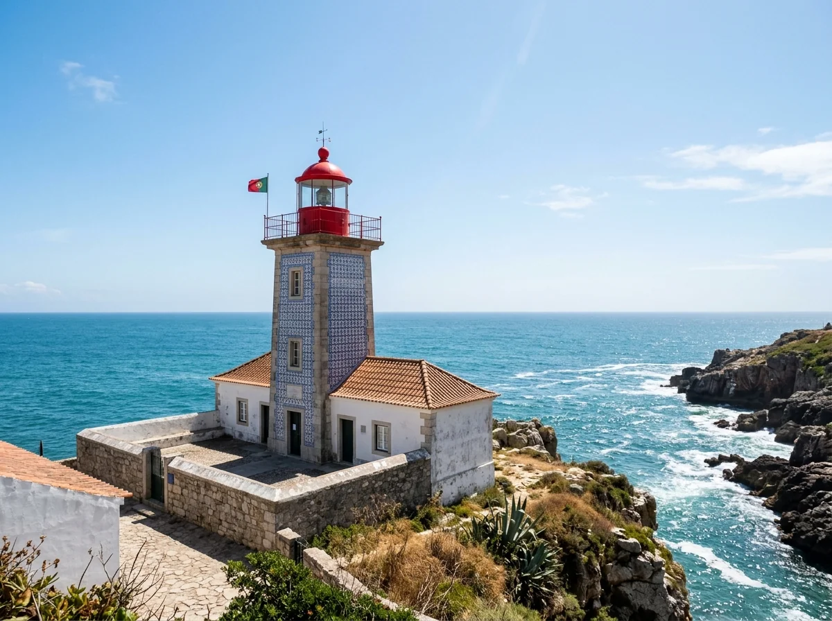 The blue and white tiled Santa Marta lighthouse near Boca do Inferno in Cascais
