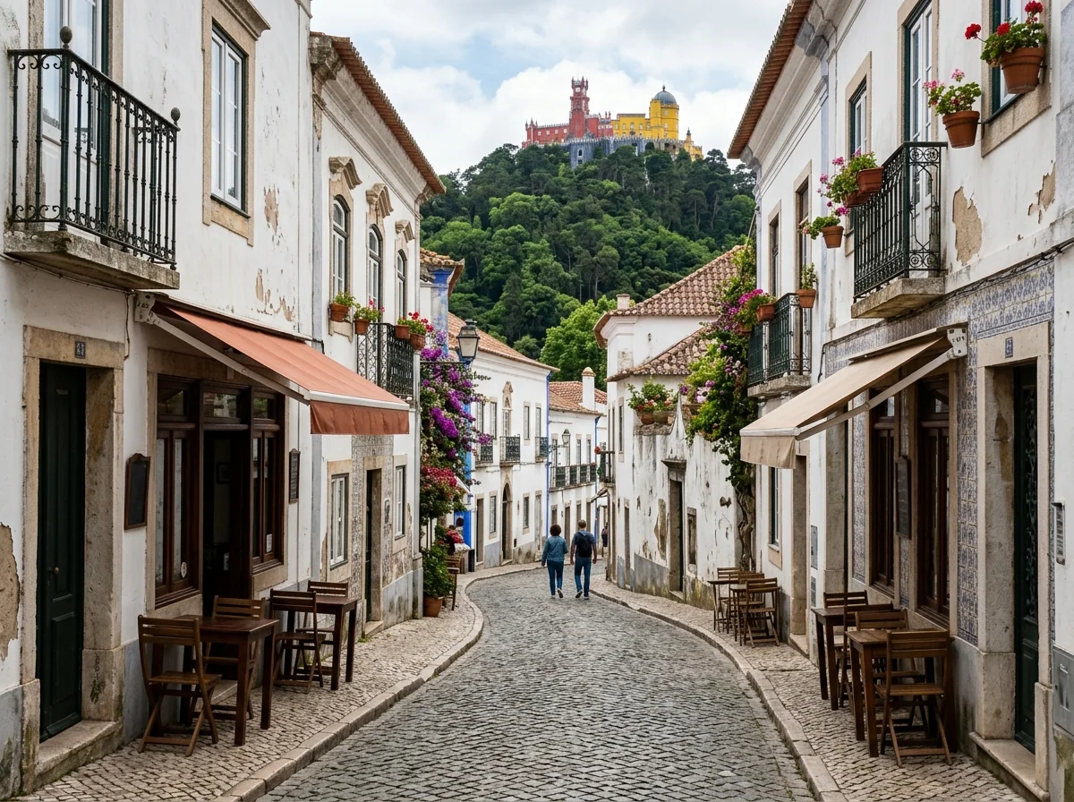 A cobbled cafe street in the historic centre of Sintra town