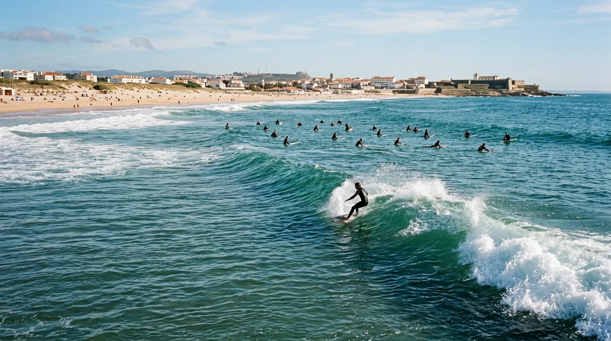 Surfers waiting in the lineup while one rides a wave at a beach break near Lisbon
