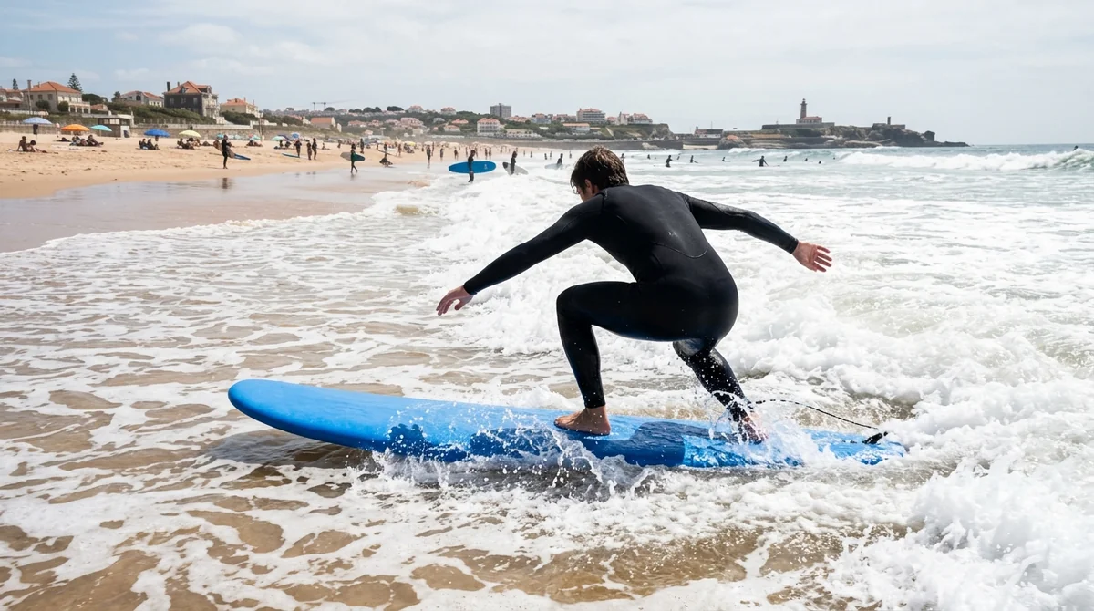 A surfer mid pop-up, rising to a low stance on a soft board in white-water