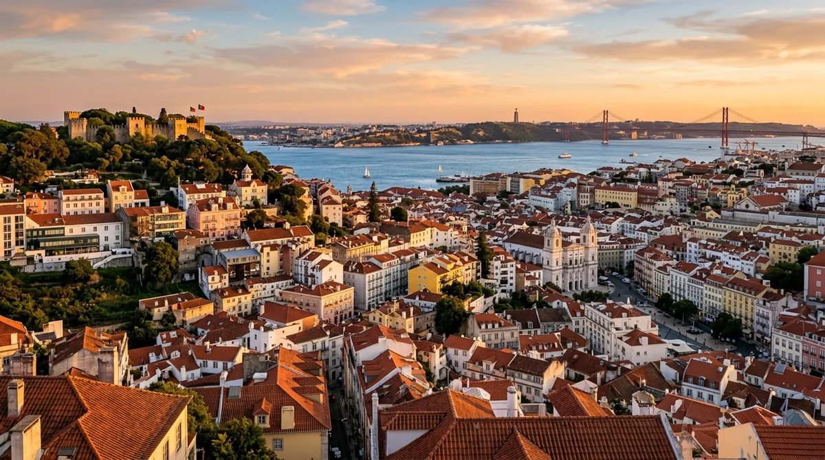 Golden-hour view over Lisbon's rooftops, castle and the Tagus river