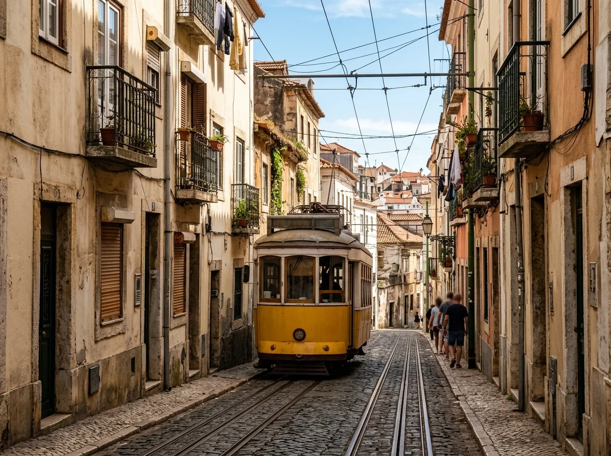 A vintage yellow tram in a narrow Alfama street in Lisbon
