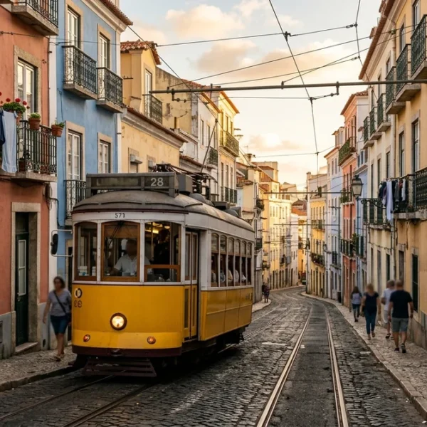 A yellow Tram 28 climbing a narrow cobbled street in Alfama, Lisbon